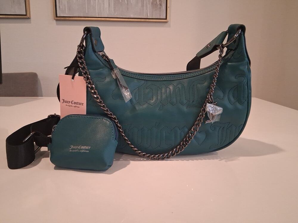NWT Juicy Couture Quilted Emerald Puff Half Moon Crossbody Bag Pouch & Chain